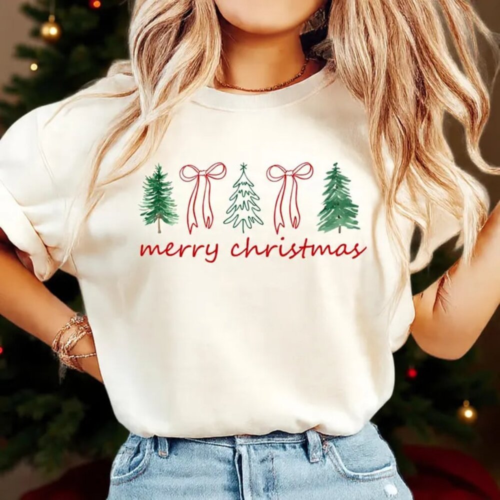 Christmas Tree Bow Shirt, Graphic Merry Christmas Shirt, Gift For Christmas